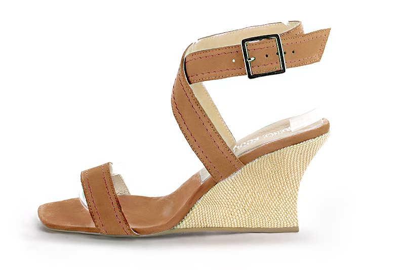 Camel beige women's fully open sandals, with crossed straps. Square toe. High wedge heels. Profile view - Florence KOOIJMAN
